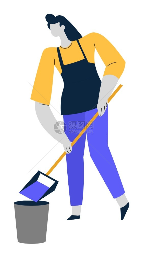 家庭主妇或清洁服务女扫地板扔泥土勺子和水桶叶家务或女洗地板佣设备清洁服务妇女用勺子和水桶扫地板图片