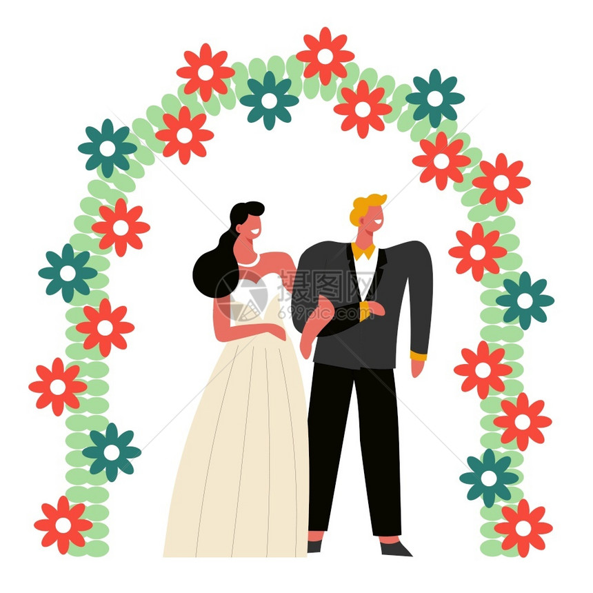 结婚日新娘和郎在鲜花礼仪式上的孤立人物之下新婚夫妇在礼服和结婚仪式情侣丈夫和妻子家庭聚会庆祝活动蜜月婚礼日新娘和郎在花礼服上的孤图片