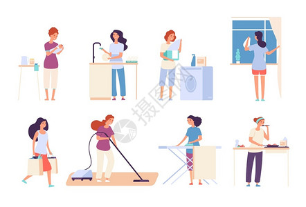 厨房洗涤做家务的家庭主妇卡通矢量插画插画