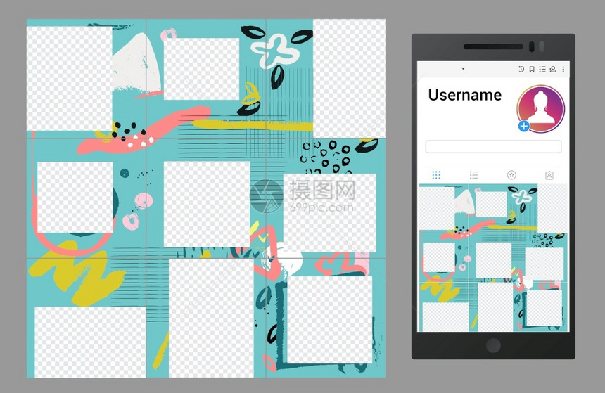 受Instagram矢量社交媒体拼图模板设计启发用于使智能手机的壁纸配有图片插框架矢量社交媒体拼图模板设计启发图片