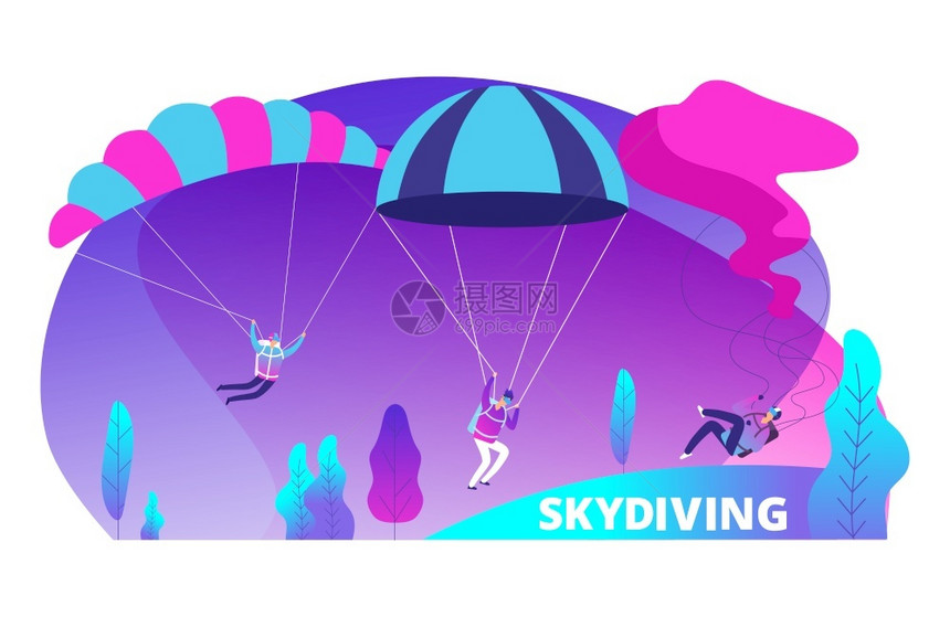 带有卡通跳跃器的天空潜水矢量背景极端降落伞跳活动跃器天空潜水矢量背景配有彩色的卡通跳跃器图片