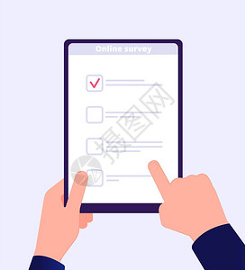 网上调查手持平板电脑网络测试表移动调查问卷客户投票申请矢量网上核对清单检查屏幕调问卷清单因特网调查名单客户投票申请矢量插画