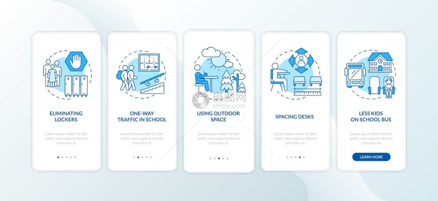 带有概念的移动应用程序页面屏幕上的新冠学校安全规则单向户外空间走过5步图形指示带有RGB彩色插图的UI矢量模板带有概念的移动应用图片