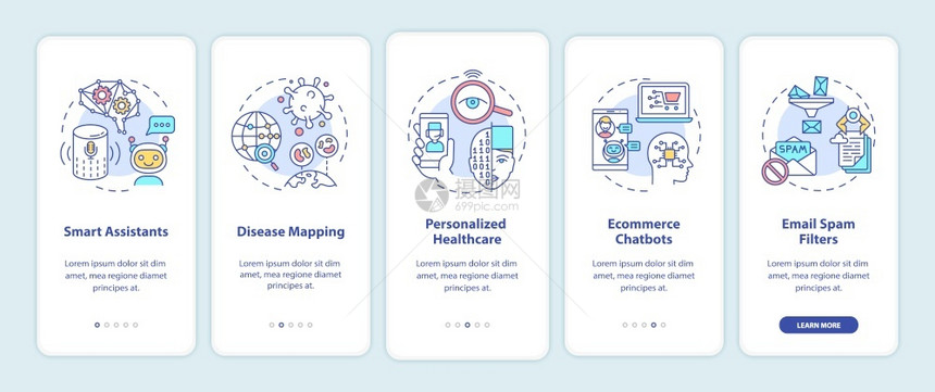 智能计算机助理技术通过5步图形指示带有RGB颜色插图的UI矢量模板AI应用在带有概念的移动应用程序屏幕上图片