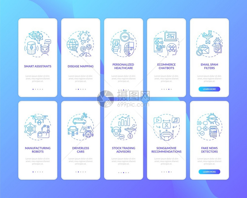 使用固定概念的移动应用程序页面屏幕上人工智能现代技术通过10步图形指令带有RGB颜色插图的UI矢量模板使用固定概念的移动应用程序图片