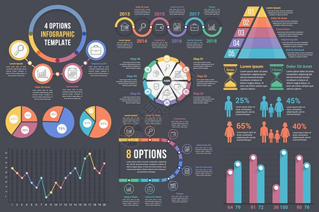 饼状百分比暗底背景的制图要素条形图和直线饼台阶选项时间表人口信息图矢量eps10插图插画