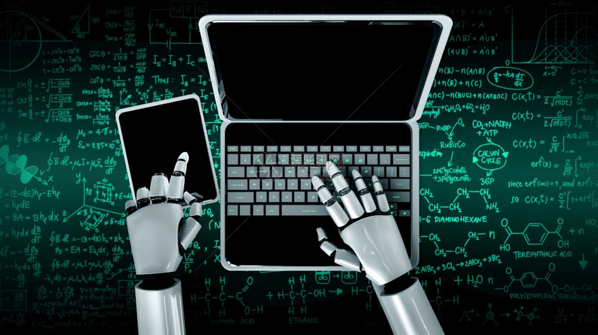 机器人造使用笔记本电脑坐在工程科学研究桌前使用人工智能思考大脑人工智能和机器学习过程进行工科学研究用于第4次工业革命图片