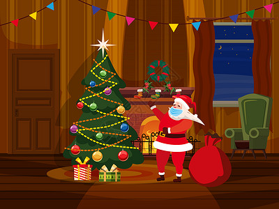 客厅内圣诞快乐有树礼品和壁炉窗户家具圣诞节花圈装饰品矢量图图片