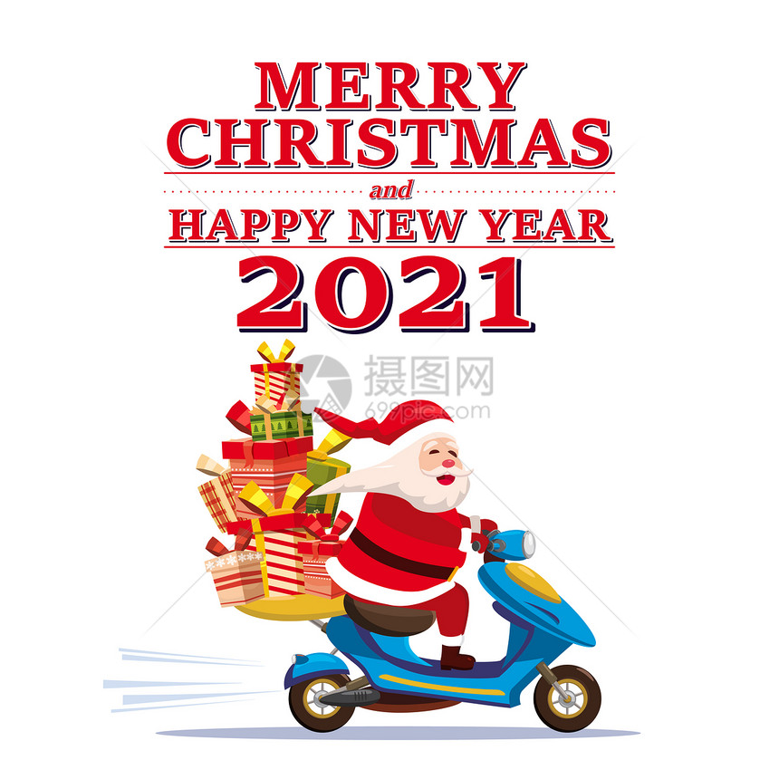 2021年圣诞节圣诞老人骑着一辆送运礼物的摩托车矢量插图图片