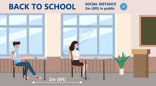 学校内的儿童在学校保持距离以免受冠状影响矢量插图背景图片