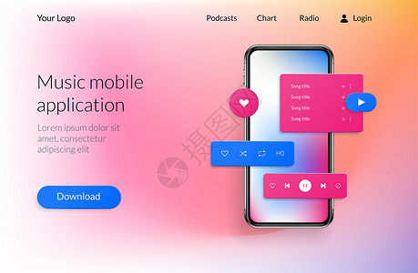 移动着陆页UI软件网站设计音乐应用程序布局模型与下载播放和类似按钮的接口现实智能手机矢量音乐播放器和歌曲汇编下载现实的电话背景图片