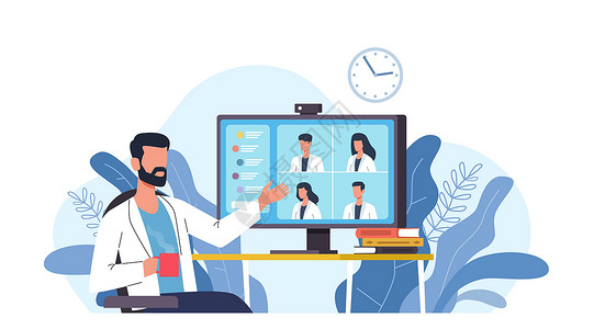 计算机工作医疗视频会议与计算机应用程序举行在线医生会议网络咨询与插画