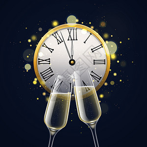 金色香槟新年时钟和香槟杯矢量设计模板插画