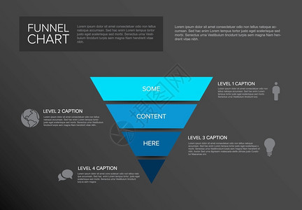 矢量4级四层漏斗模板带有描述黑暗背景上的反向蓝色金字塔模板插画