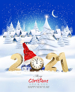 圣诞时钟圣诞节和新年背景2021年有礼物和圣诞帽矢量插图插画