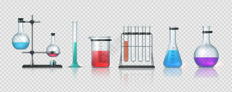 3D实事求是的化学验室设备3D实事求是的玻璃器件收集有色液体的测试管和瓶子透明背景的金属持有者和瓶子病媒科学组实验室设备测量玻璃背景图片