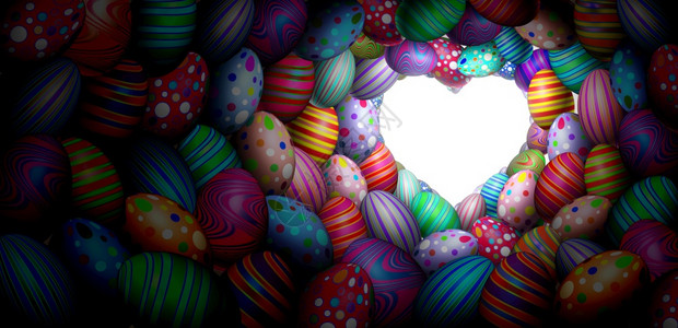 复活节鸡蛋传统背景和春季爱情或传统的节庆祝活动和日4月的象征作为装饰的鸡蛋以心形成复制空间3D作标语或海报背景图片