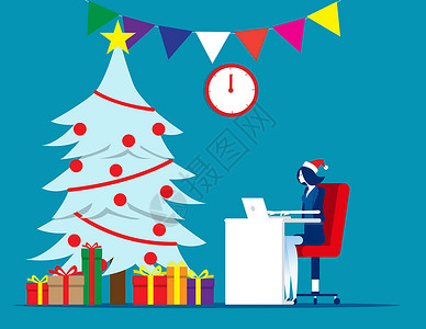 圣诞和新年在办公室人与庆典概念平板卡通矢量插图设计图片