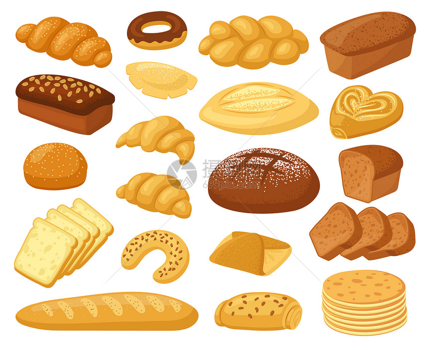 卡通面包产品卷和甜圈蛋糕和面包甜圈糕点小麦产品矢量说明全谷物小麦面包和用于商店面和糕点小麦产品矢量说明图片