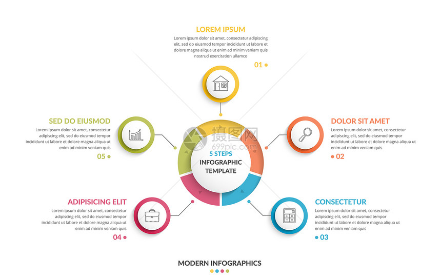 圆形信息模板包括五个步骤或选项流程图创意商业信息图矢量eps10插图图片