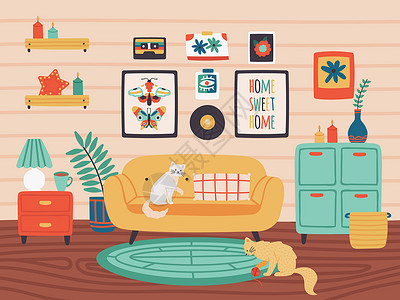 地毯上的猫舒适的客厅室内装饰家庭有沙发的客厅货架和挂在墙矢量图上的片舒适室内有猫宠物蜡烛和植舒适的客厅室内装饰家架子和挂在墙矢量图上的片插画
