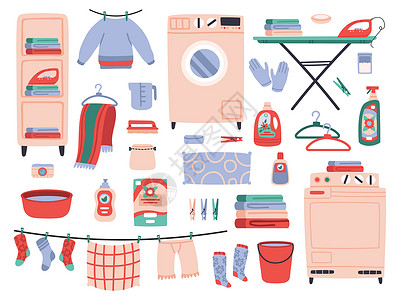 家庭洗衣清洁晾衣绳洗衣机脸盆洗衣液图标集背景图片