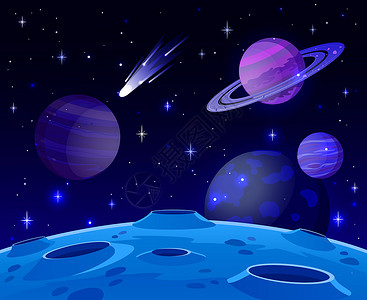 仁恒卡通空间景观宇宙行星表面未来天体景观星系恒和彗查看矢量背景说明无生命土地夜间有弹坑插画