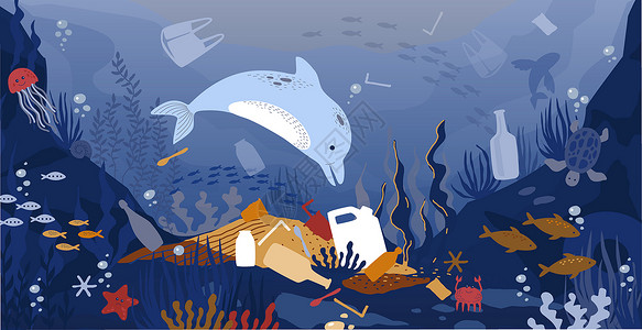 海洋塑料垃圾在有废物和塑料垃圾的脏水中游泳的海洋动物插画