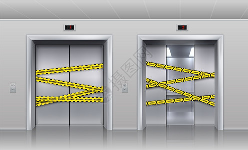 维修电梯关闭用于修理或维的断裂电梯现实的半开放客运和货电梯的金属舱门被黑色和黄警告带挡住病媒室内插图断裂的电梯被关闭用于修理或维现实的半插画