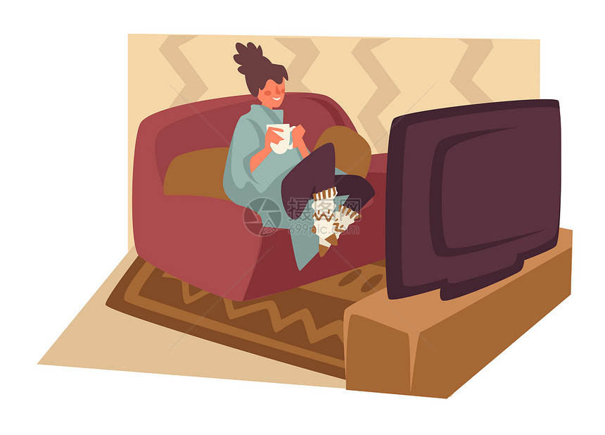 妇女看电视躺在沙发上娱乐消遣媒介女孩在沙发上看茶或可电视放松客厅室内地毯和家具编织袜子和毛衣女孩在电视上看喝茶和可图片
