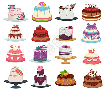 草莓糖霜蛋糕带有花和水果装饰婚礼和生日蛋糕的甜点孤立餐盘矢量巧克力和奶油有糖霜的饼干层甜食和浆果马卡龙边餐生日蛋糕边餐饭插画
