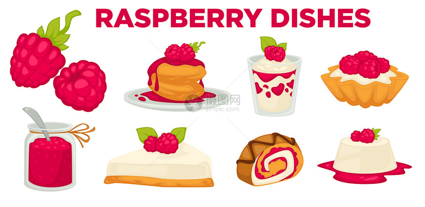草莓菜果汁烹饪配料甜点孤立的图标矢量果酱和酸奶的煎饼和酪蛋糕卷饼和番茄糖果或糕点食品饭和零甜品或红莓盘孤立的图标图片
