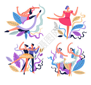 芭蕾舞动作女孩Ballet舞蹈班和台表演孤立的图标矢量女孩和男人伴侣伸展和花招动作姿势芭蕾舞男女运动或爱好芭蕾舞和蹈台表演和蹈课孤立的图标插画