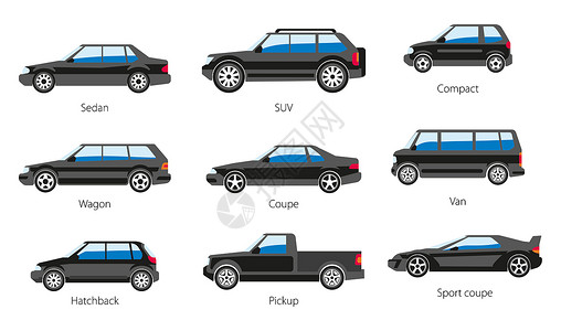 轿车和SUV紧凑车厢和马小便面包小船货体育运输模式名称和汽车容量种类辆型体形状和模型名称孤立图标背景图片