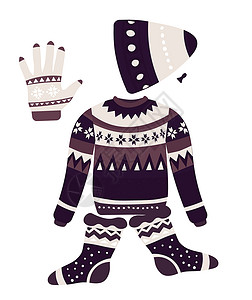 毛衣针织衫带有圣诞节模式的冬季服装斯堪的纳维亚观赏装饰针织孤立物体矢量编织帽和毛衣袜子手套工制衣暖羊毛盖和服装针织圣诞节模式冬衣隔离物体插画