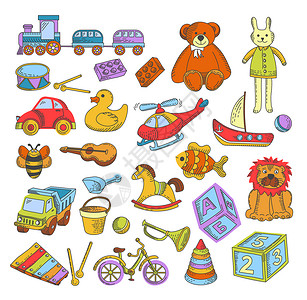 幼儿园童玩具游戏孤立的图标矢量火车和熊兔子鼓鸭车直升机游艇狮子吉他卡车马字母立方体和自行车玩具孤立的图标幼儿园童游戏背景图片
