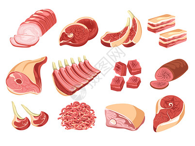 秘制腊肠牛肉和猪火腿香肠牛肉培根和羊牛排猪市场和烹饪原料肉制品店或市场孤立食品插画