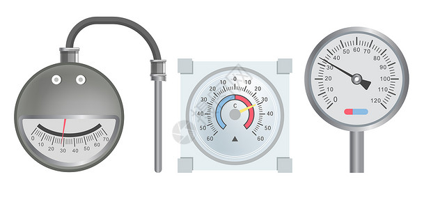 测量温度压力率指标家庭供暖系统尺度测量工具拨号热和冷温度箭头数字压力尺度或温计供暖系统拨号孤立图标插画