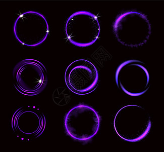 紫色光圈背景亮紫色圆环有火花闪亮的边界有光或仙尘发环幻想设计元素在黑色背景现实3d矢量图中分离设置插画