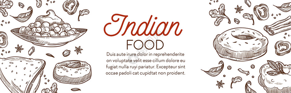 马杜赖印度菜烹饪横幅香菜甜点炸薯条煎心烤鸡手画图解纸矢量和文字插画