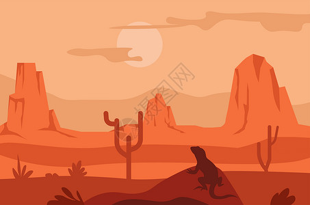 大蜥蜴日落沙漠景观矢量插画插画