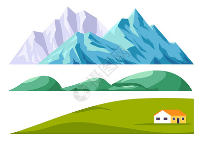 丘陵地貌地貌图示高山田地和住宅建筑景观图案设计插画