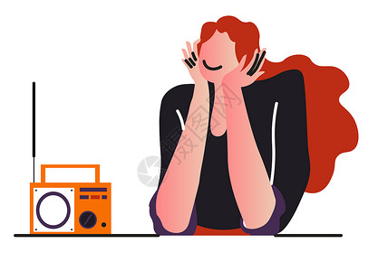 听音乐或电台在录播放器上乐或无线电广播的女孩孤立格矢量Melody和歌曲播放天线反向装置坐在桌边的妇女享有音乐成分电台广播或音乐背景图片