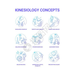 动物学概念蓝梯度图标设置有氧运动锻炼人体保健理念细线RGB颜色图解矢量孤立大纲图画背景图片