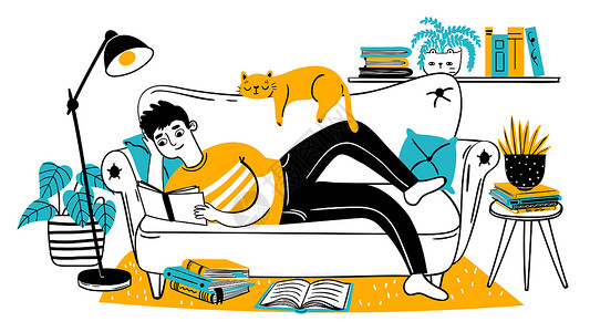 轻松阅读男人在沙发上阅读书籍插画
