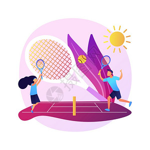 网球营的宾客电子游戏个人训练积极休息年轻女士在网球场上打户外休闲和爱好矢量孤立概念比喻说明网球营的矢量概念比喻插画