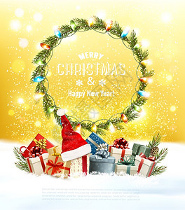 圣诞快乐新年圣诞花环带礼帽和彩礼品盒矢量插图背景图片
