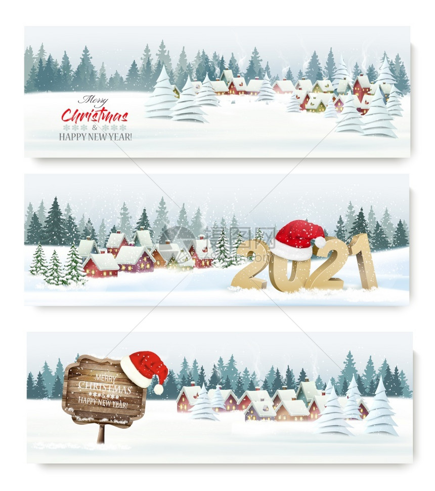 三个圣诞节风景横幅圣诞帽矢量插图图片