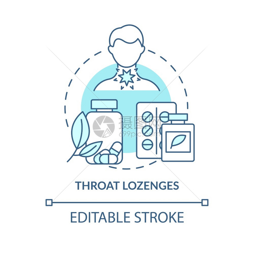 Throatlozenges概念图标喉咙处理酸概念的细线插图疼痛的解脱蜂蜜和薄荷成分矢量孤立的大纲RGB颜色绘图可编辑中风概念图图片