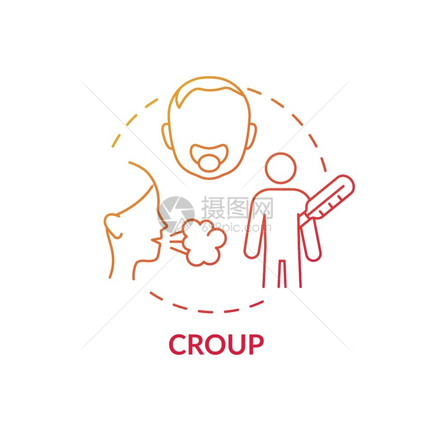 Croup概念图标呼吸系统感染概念的细线插图渗入气管内呼吸困难上方空气道疾病parainfluenza矢量孤立的大纲RGB颜色绘图片